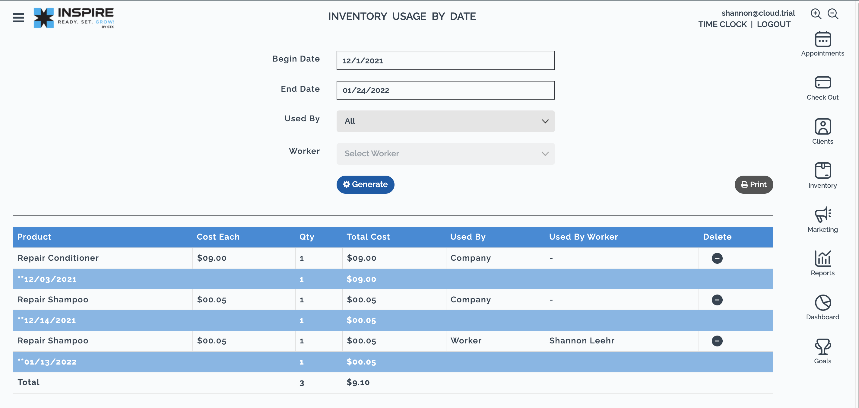 Inventory Usage Report